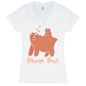 Mama Bear with a Cub Women's V-Neck T-shirt Cute Mother's Day Savage Mom Tee - Picture 1 of 11