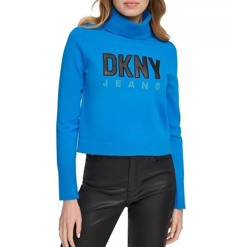 Womens DKNY Jeans Faux-Leather-Logo Turtleneck Sweater Size Small 3X Blue NWT - Image 1 of 1