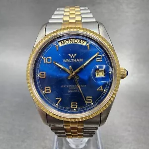 Waltham President Watch Men 36mm Blue Dial Two Tone Daydate Round New Battery - Picture 1 of 11