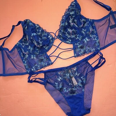 Victoria's Secret 34A 34B S BRA SET CORSET TOP M NEON BLUE BUTTERFLY embroidered - Image 1 of 4