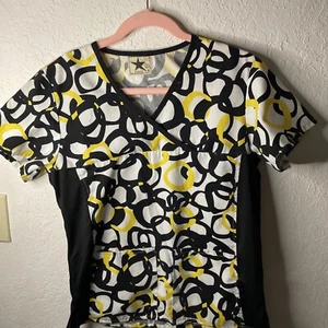 Black Star Nursing Scrub Top S Black White Yellow Links Medical Uniform Shirt - Picture 1 of 8