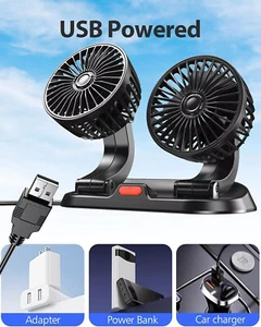 Universal 5V Dual Head Car Fan Rotatable USB Powered Cooling Air Fan - Picture 1 of 8