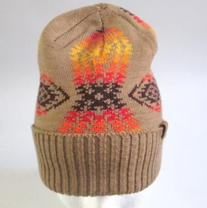 Pendleton Knit Cap Southwestern Aztec Pattern Brown Orange Merino Wool Hat - Picture 1 of 10