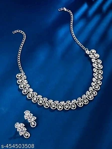 Ethnic Indian Bollywood Silver Plate CZ Necklace Earrings Jewelry Set - Picture 1 of 7