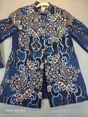 Chicos 0 Small Blue Black Pink Gold Metallic Brocade Mandarin Collar Jacket READ - Image 1 of 4
