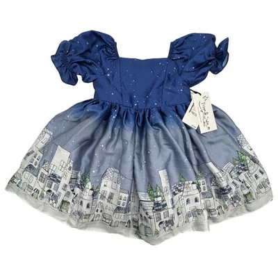 NUEVO Vestido Pippa and Julie Niñas Azul Noche Estrellada Paisaje Urbano Niños 3T Fiesta de Hadas Foto 1 de 4