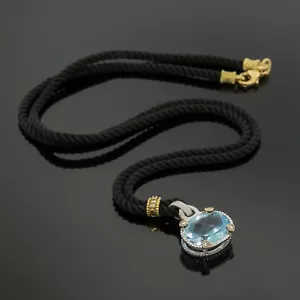 Judith Ripka Blue Topaz Diamond Pendant Cord Necklace 925 Silver 18K Yellow Gold - Picture 1 of 7