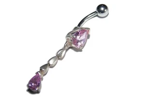 Surgical Steel Navel Bar Piercing Sterling Silver Dangle Pink Belly Button 925 - Picture 1 of 1