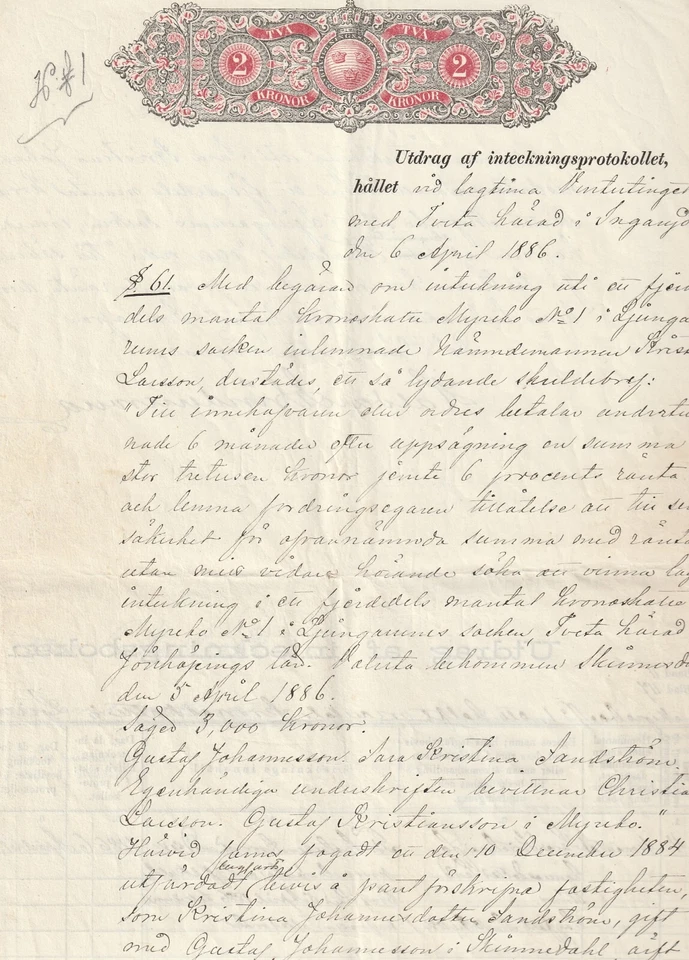 SUECIA: 2 kr de ingresos por título de propiedad documento 1886. Foto 1 de 1