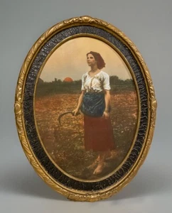 Antique 12x16 Oval Ornate Wood Frame W/Glass & Vintage “Gleaning Girl” Print - Picture 1 of 9