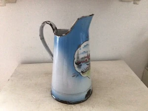 Alter Emaille Krug Kanne Shabby Frankreich Emaile Blau Landschaftsmotiv Vintage - Bild 1 von 13