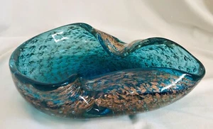 Vintage MURANO Art Glass Ashtray MCM Teal Blue and Gold ~ 3 pounds 15 ounces. - Picture 1 of 8