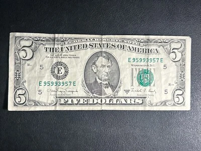 1988 A $5 Dollar Bill Federal Reserve Note E95993957 Four 9's - High Serial # - Image 1 of 3