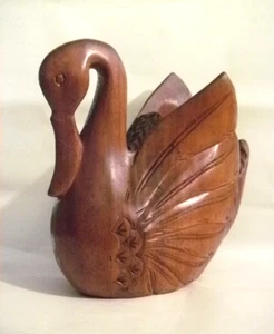 SOLID EXOTIC WOOD SWAN 10-3/4" HIGH DECOR PLANTER 3.7 LB HAND CARVED PRE 1940'S - Picture 1 of 18