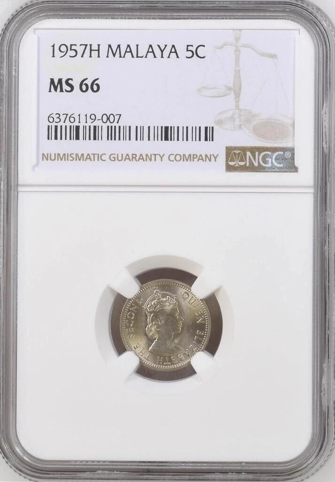 Mazuma *N1176 NGC Malaya Queen Elizabeth QEII 1957H 5 Cents MS66 - Image 1 of 2