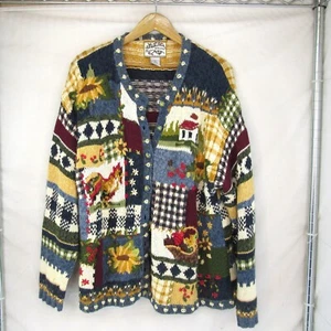 Heirloom Collectibles Vintage 2001 Knit Cardigan Sweater Farm Theme Size L - Picture 1 of 10