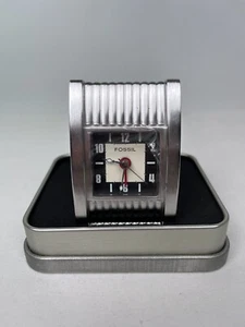 Fossil Travel Alarm Clock Stainless Steel New In Tin Box Needs Battery - Picture 1 of 8