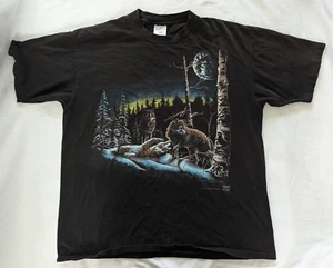 Vintage 90s Wolf T-Shirt Mens XL Oneita Power-T Single Stitch Moon Graphic Black - Picture 1 of 10