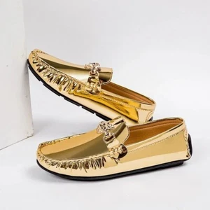 Men's Gold Moccasin Casual Shoes Outdoor Comfort Flat Big Size Loafers Sneakers - Picture 1 of 22