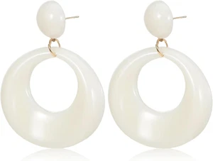 Vintage Ohrringe 70er Jahre Hohle Runde Harz Ohrstecker Damen Weiß Creolen Party - Bild 1 von 7