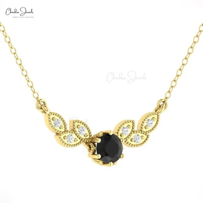 Collar Floral Oro Sólido 14k Colgante Milgrain Diamante Negro 5mm Para Dama de honor Foto 1 de 4