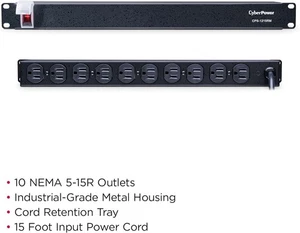 CyberPower CPS1215RM Basic PDU, 100-125V/15A, 10 Outlets, 15ft Power Cord, 1U - Picture 1 of 6