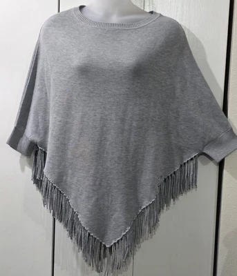 Calvin Klein Gray Knit Fringe Poncho Shawl Wrap OS Grandma Y2K Minimalist Boho - Image 1 of 4