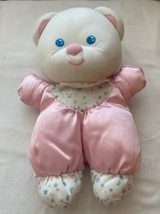 VTG Fisher Price FP Bear Plush Satin Baby Pink White 1992 Blue Eyes Frayed Tag - Picture 1 of 11