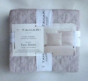 TAHARI Set of 2 Diamond Quilted EURO PILLOW SHAM Oatmeal Linen Cotton 26x26 Case - Picture 1 of 11