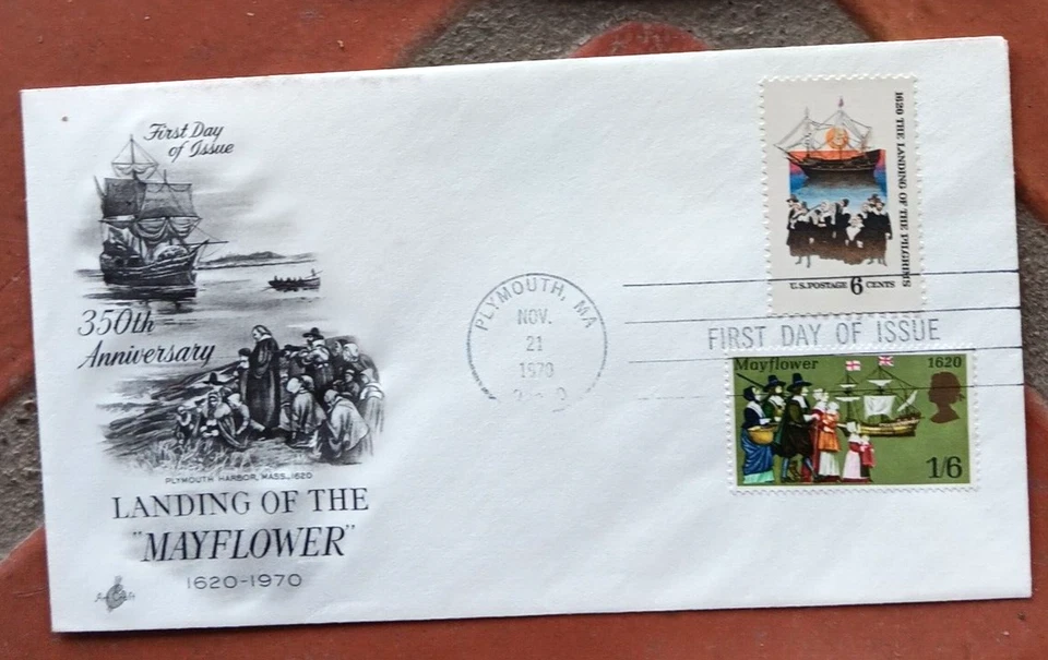 PILGRIM SHIP MAYFLOWER LANDS 1970 PLYMOUTH ROCK USA & ENGLAND ARTCRAFT FDc vert - Image 1 of 1