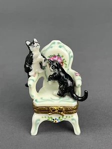 Rare Limoges Floral Armchair with Two Cats Porcelain 2 1/4" Trinket Box: MINT - Picture 1 of 13