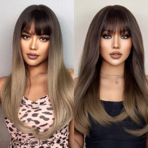 Long Straight Ash Brown Blonde With Bang Natural Wigs Fanshion Women Daily Party - Picture 1 of 15