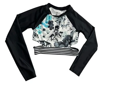 Camisa de natação Zella Girl's Rash Guard. Tamanho feminino 7. Floral Branco Preto Azul - Imagem 1 de 4