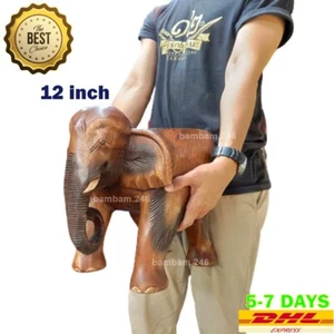 12 inch Elephant Stool Wood Elephant Chair Hand Carved Wooden Thai Statue Chair - Picture 1 of 7
