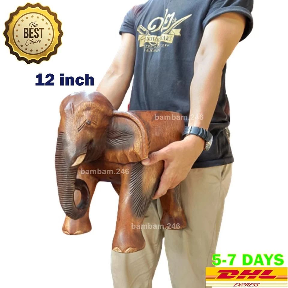 12 inch Elephant Stool Wood Elephant Chair Hand Carved Wooden Thai Statue Chair - Image 1 of 4