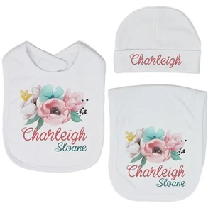 Baby Mädchen personalisiert individuell Blumen Pfingstrose Lätzchen und Spucktuch Set VS2 - Bild 1 von 26