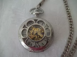 Mens Pocket Skeleton Watch Manual wind Silver Case Lid Roman Numerals Chain - Picture 1 of 5