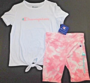 Champion Girl's T-Shirt & Shorts White Pink Size 5 Cotton Poly Tie Front New - Picture 1 of 4