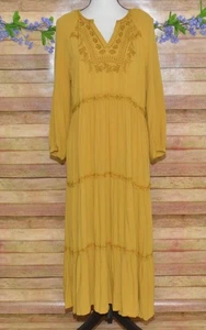 Old Navy Mustard Yellow Long Sleeve Tiered Peasant Boho Maxi Dress Size L Modest - Picture 1 of 12