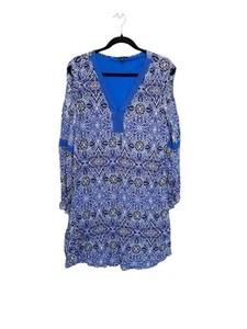 Cupio Blue Boho Shirt Dress XL 3/4 Sleeve V-Neck Tunic Viscose Lining Pattern - Picture 1 of 10