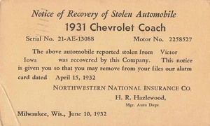 1932 Benachrichtigung über die Bergung gestohlenes Auto Postkarte 1931 Chevrolet Reisebus Versicherung selten - Bild 1 von 2