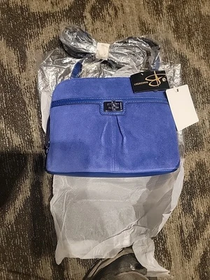 B. Makowsky Maisie Blue Suede Zip Around Crossbody Bag Leather Trim Turnlock - Image 1 of 4