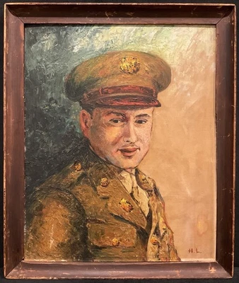Pintura al óleo sobre lienzo retrato de soldado original firmado de colección aprox. 1948 Foto 1 de 4