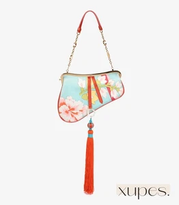 Christian Dior Blue Floral Silk & Red Patent Leather Vintage Tassel Saddle Bag - Picture 1 of 12