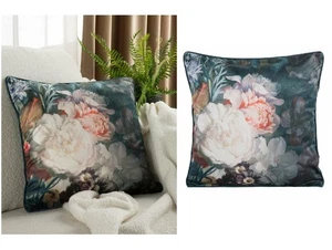 Velvet Cushion Cover Floral Peony Luxury 45cm 18" Pink Grey Teal Square Pillow - Picture 1 of 7