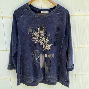 Jess & Jane Top Damen Blau Mineral Wash Blume 3/4 Arm Boho Artsy Medium - Bild 1 von 11