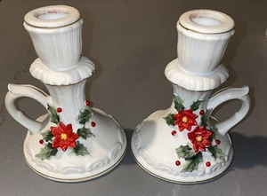 Set Of 2 Vintage Lefton Poinsettia KW8024 Ceramic Christmas Candle Stick Holders - Picture 1 of 9