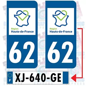 62 PAS DE CALAIS / 2 STICKERS UPPER DE FRANCE REGISTRATION PLATE DEPARTMENT - Picture 1 of 1
