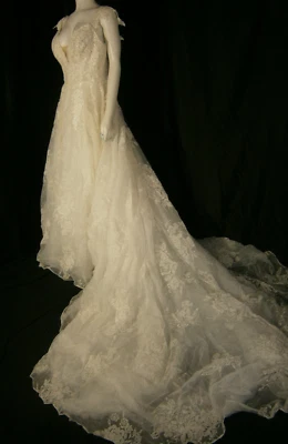 Calla Blanche Wedding Dress 12 Ivory Organza Lace Overlay Ballgown Huge Train - Image 1 of 4