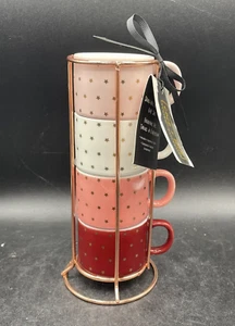Coco & Lola Espresso Cups Set of 4 Multicolor & Gold Stars w/Stackable Stand NEW - Picture 1 of 19